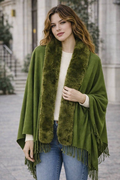JC062843 16 Colors-Faux Fur Trim Softer Than Cashmere Scarf: Khaki