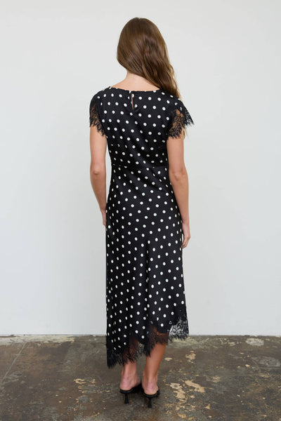 POLKA DOT LACE TRIM SHORT SLEEVE MIDI DRESS: BLACK