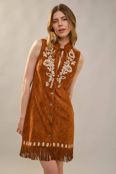 99655D Embroidered Suede Fringe Dress: BROWN / S-M-L (2-2-2)