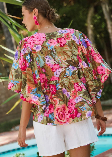 Garden Party Printed Blouse With Wide Bubble Sleeve