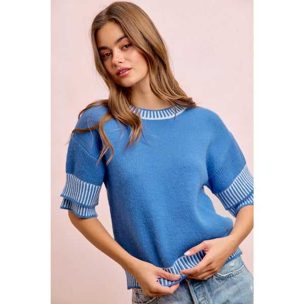Blue Knit Double Sleeve Top