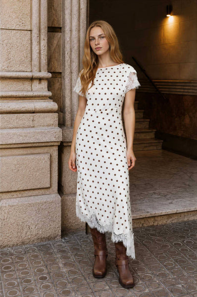 POLKA DOT LACE TRIM SHORT SLEEVE MIDI DRESS: BLACK