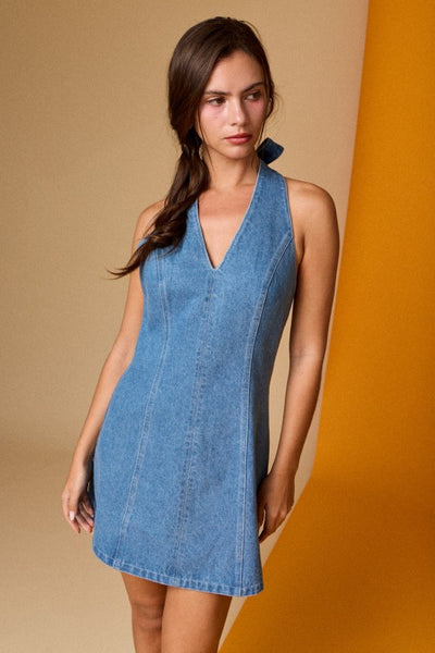 Denim Halter Mini Dress Fitted A Line