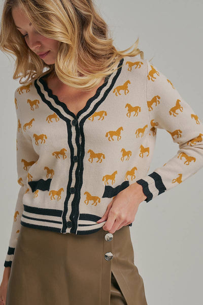 SUPER SOFT HORSE PRINT KNIT CARDIGAN_JLT00386-01: TAUPE COMBO / S-M-L(2-2-2)