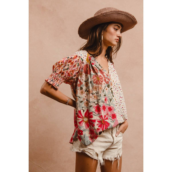 WOVEN PRINT MIX AND MATCH PEASANT TOP: ROSE MIX / XL