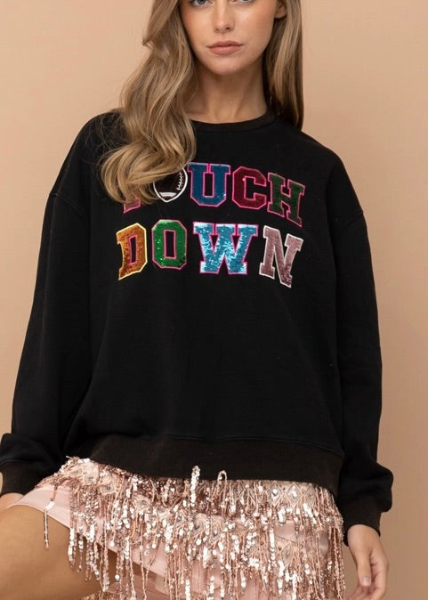 Football Touch Down Sequin Sweatshirt in Black