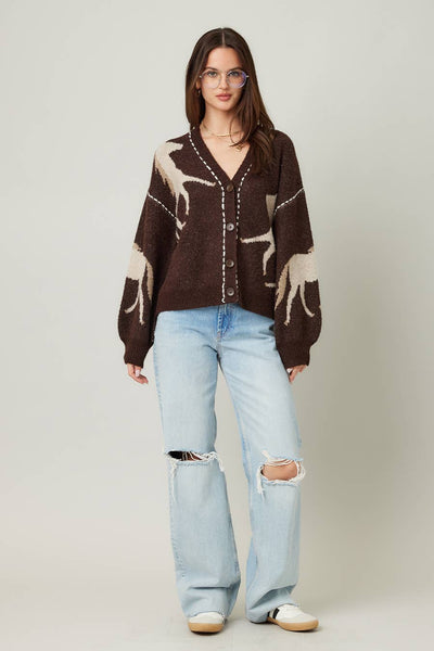 IM8672-Fall Top Rated Knit Horse Cozy Cardigan: S/M / Brown