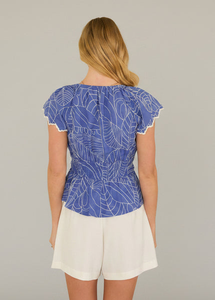 Printed Poplin Ruffle Sleeve Top