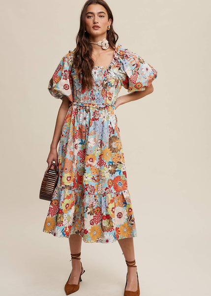 Vintage Flower Print Puff-Sleeve Midi Dress