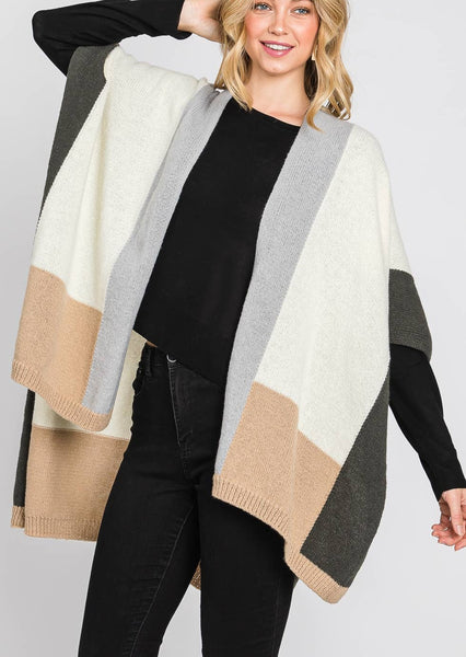 Soft Color Blocked Poncho Wrap