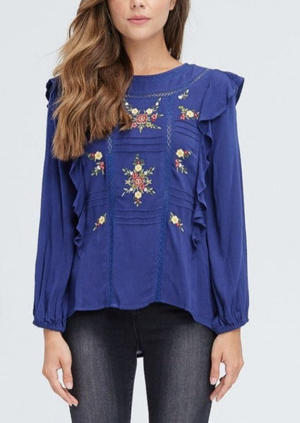 Ruffle Shoulder Floral Embroidered Top