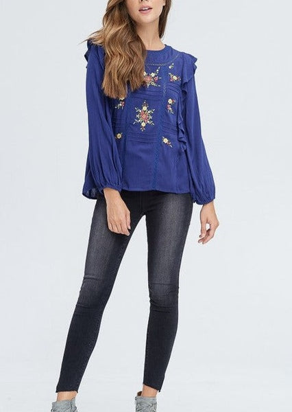 Ruffle Shoulder Floral Embroidered Top