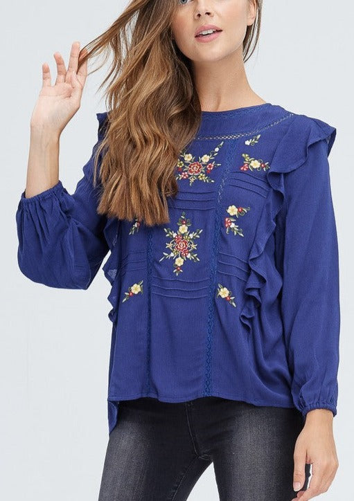 Ruffle Shoulder Floral Embroidered Top