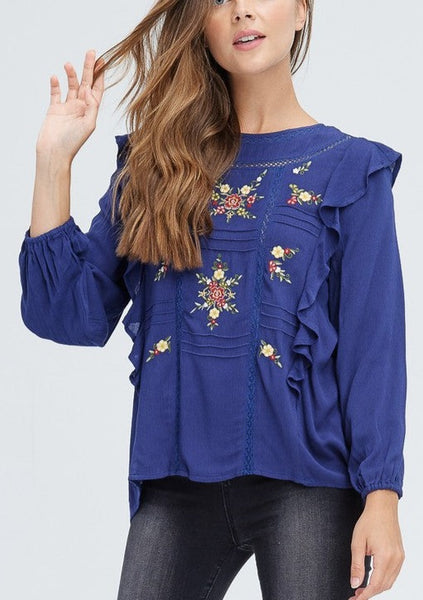 Ruffle Shoulder Floral Embroidered Top