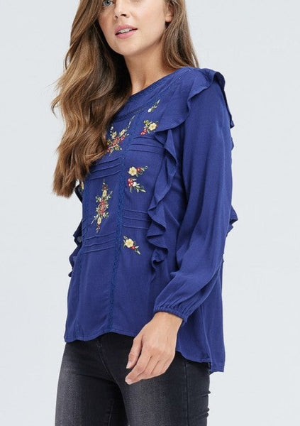 Ruffle Shoulder Floral Embroidered Top