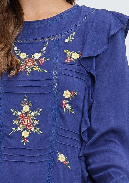Ruffle Shoulder Floral Embroidered Top