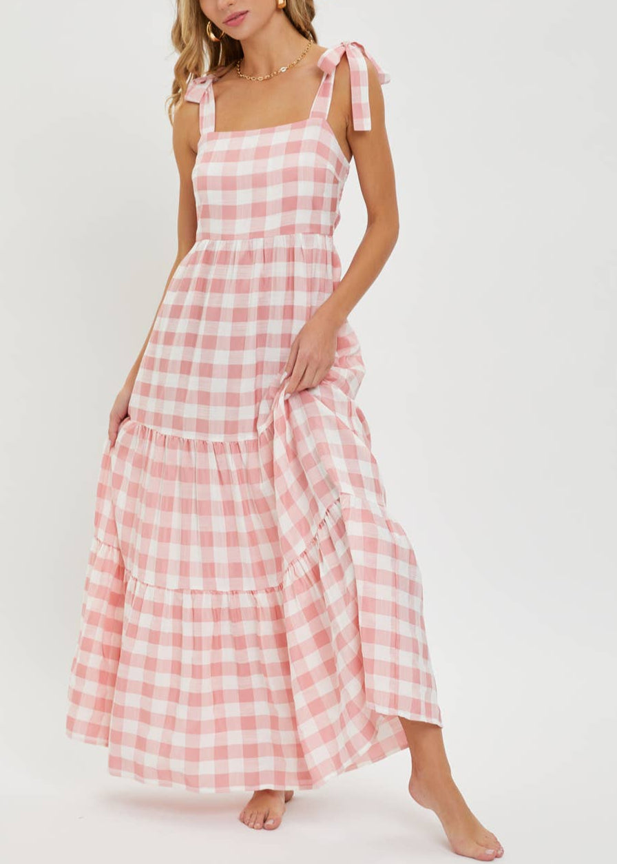 Pink and White Gingham Tiered Maxi Dress