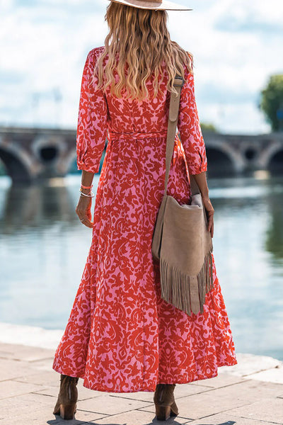 Western Vibes Stylish Red Print Tie Waist Maxi Dress