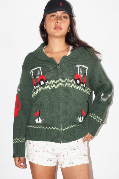 Hole In One Intarsia Zip Sweater : Green / XS