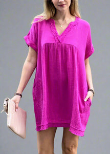 Hot Pink Crinkled Gauze Mini Dress with pockets