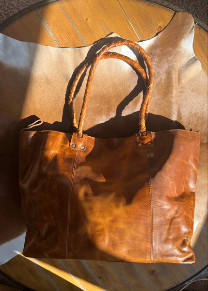 Crinkle Leather Newmarket Braided Handle Tote Bag