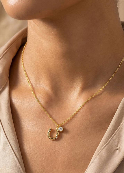 Western Gold Dipped Horse Shoe And Cz Charm Necklace