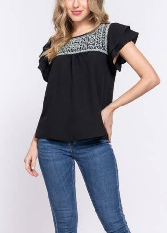 Flutter Sleeve Embroidered Top in Black