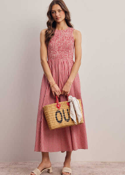 Red and White Open-Back Gingham Maxi Dress