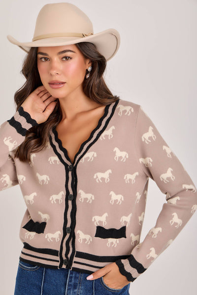 SUPER SOFT HORSE PRINT KNIT CARDIGAN_JLT00386-01: TAUPE COMBO / S-M-L(2-2-2)