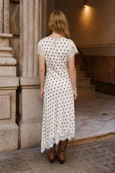 POLKA DOT LACE TRIM SHORT SLEEVE MIDI DRESS: BLACK