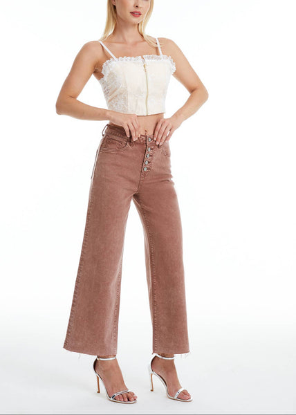 High Rise Wide Leg Raw Hem Jeans in Cappuccino Brown