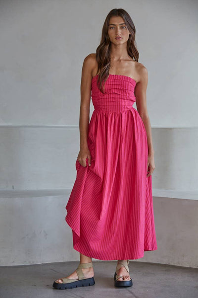 L6998 | Striped Tube Neck Strapless Flare Maxi Dress: Dusty Blue / M