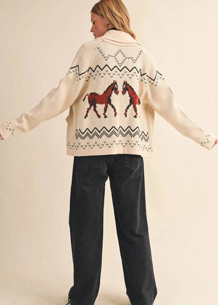 Giddy Up Horse Cardigan Sweater in Beige