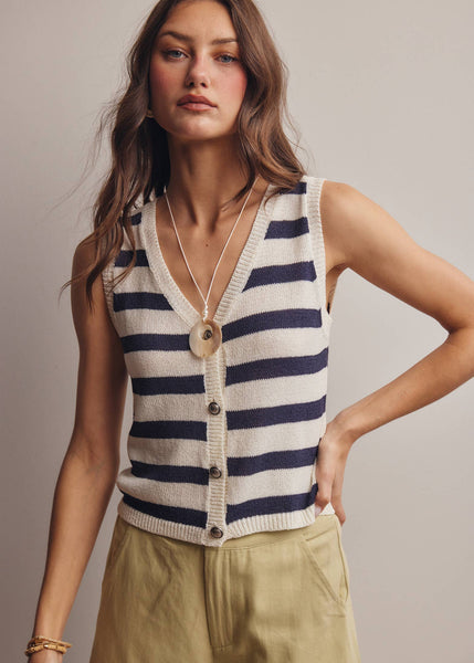 Striped Button-Front Knit Vest Top