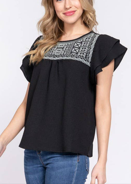 Flutter Sleeve Embroidered Top in Black