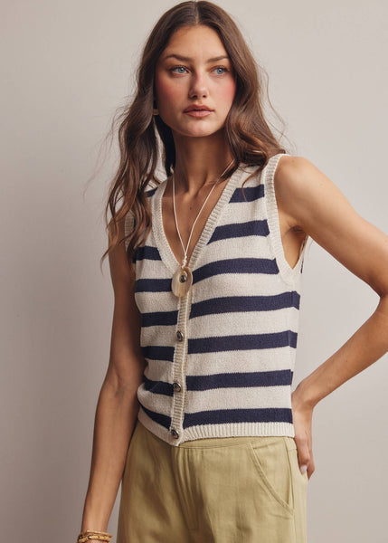 Striped Button-Front Knit Vest Top
