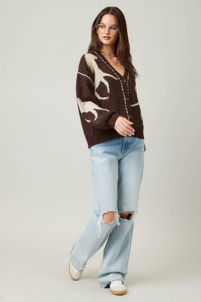 IM8672-Fall Top Rated Knit Horse Cozy Cardigan: S/M / Brown