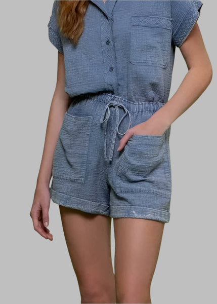 Washed Blue Drawstring Cotton Shorts