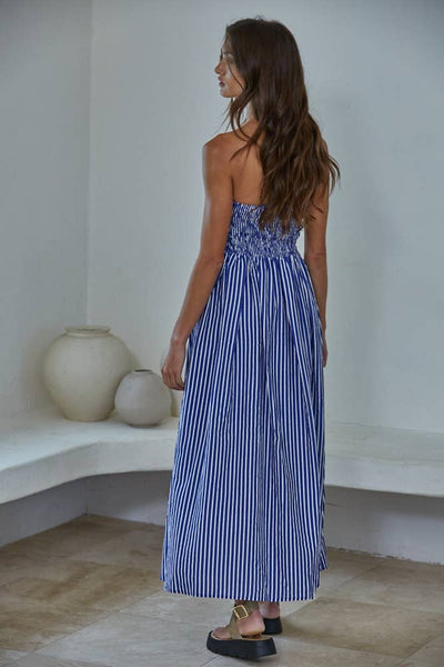 L6998 | Striped Tube Neck Strapless Flare Maxi Dress: Dusty Blue / M