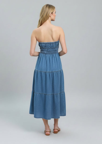 Strapless Shirred Tiered Denim Midi Dress