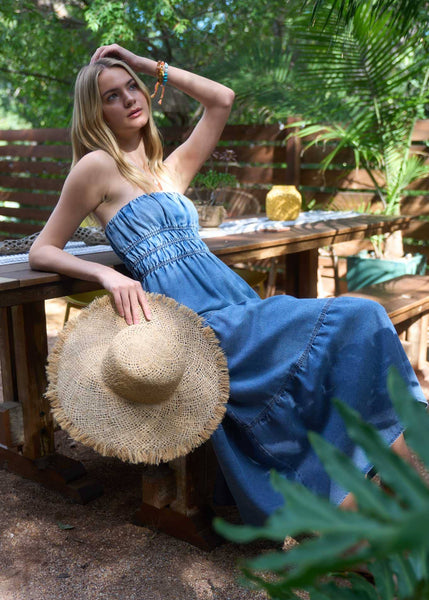 Strapless Shirred Tiered Denim Midi Dress