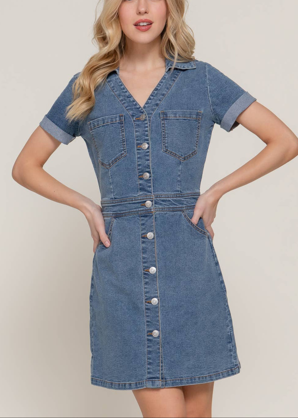 Stretch Denim Button Up Mini Dress