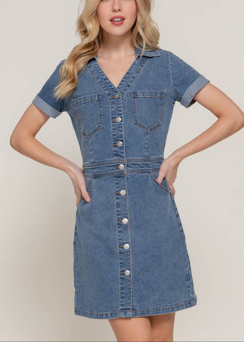 Stretch Denim Button Up Mini Dress