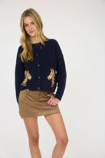 Saddle Up Horse Jacquard Cardigan in Navy