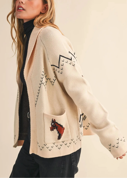 Giddy Up Horse Cardigan Sweater in Beige
