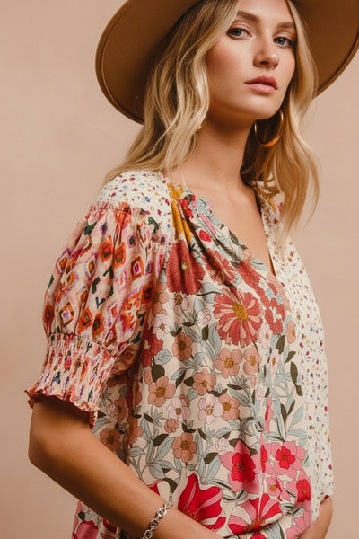 Woven Mixed Print Floral Top