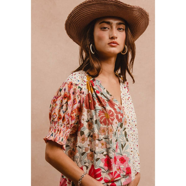 WOVEN PRINT MIX AND MATCH PEASANT TOP: ROSE MIX / XL