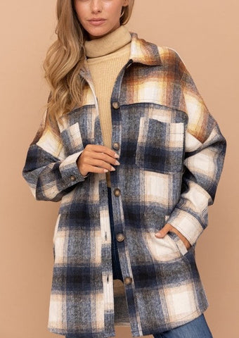 Brushed Two Tone Plaid Button Down Shirt Jacket