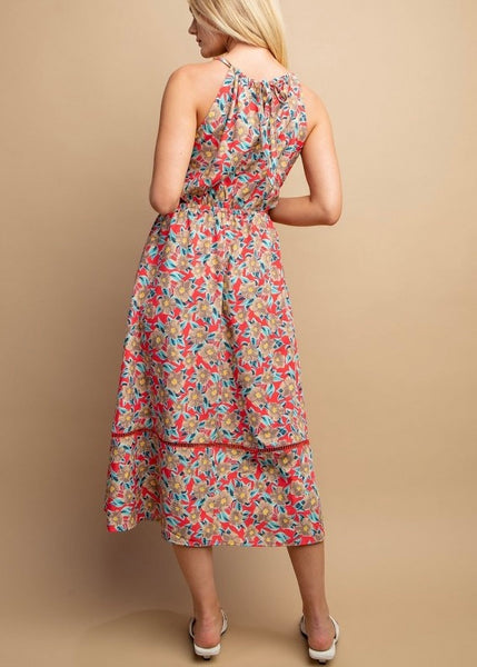 Floral Halter Neck Cut-out Midi Dress