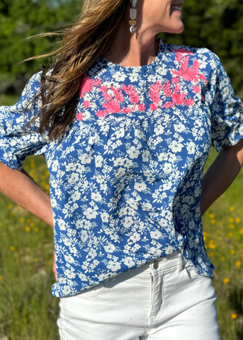 Floral Embroidery Ruffle Neck Top in Blue